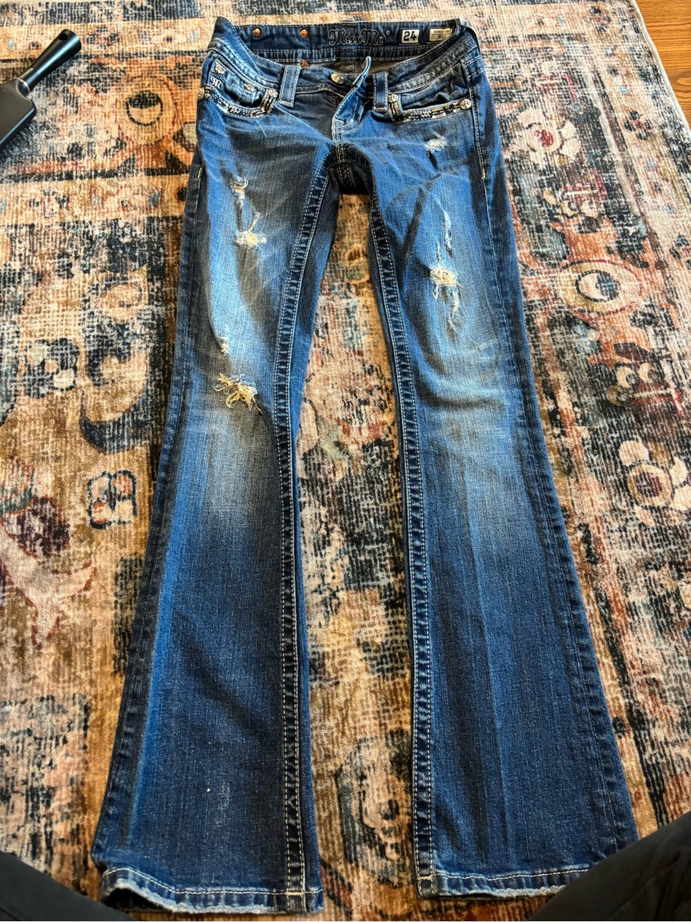 Miss Me Distressed Flare Jeans - Blue